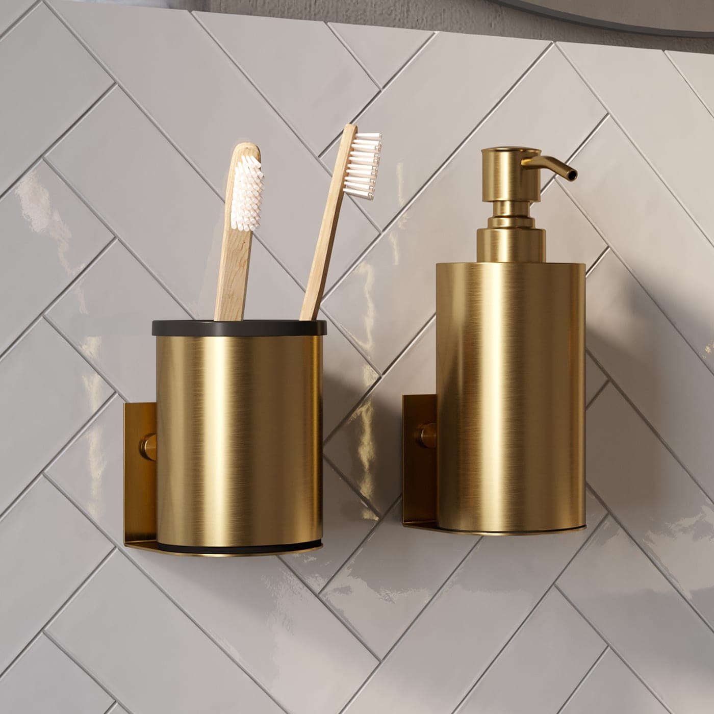 Zeepdispenser en beker model A incl. wand ophanging en magnetisch opzetvlak
